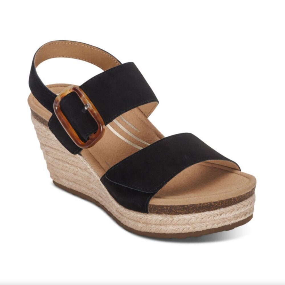 Aetrex Ashley Arch Support Black Suede Wedge Espadrille Sandal Size 7.5 /38 NEW